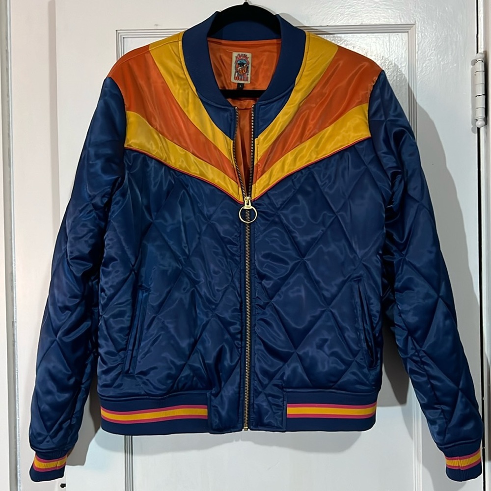 classic rock culture bright blue satin quilted bomber w patched sunrise detail